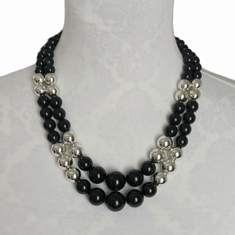 Vintage Black & Silver Tone Bead Statement Necklace | Double Strand | Retro